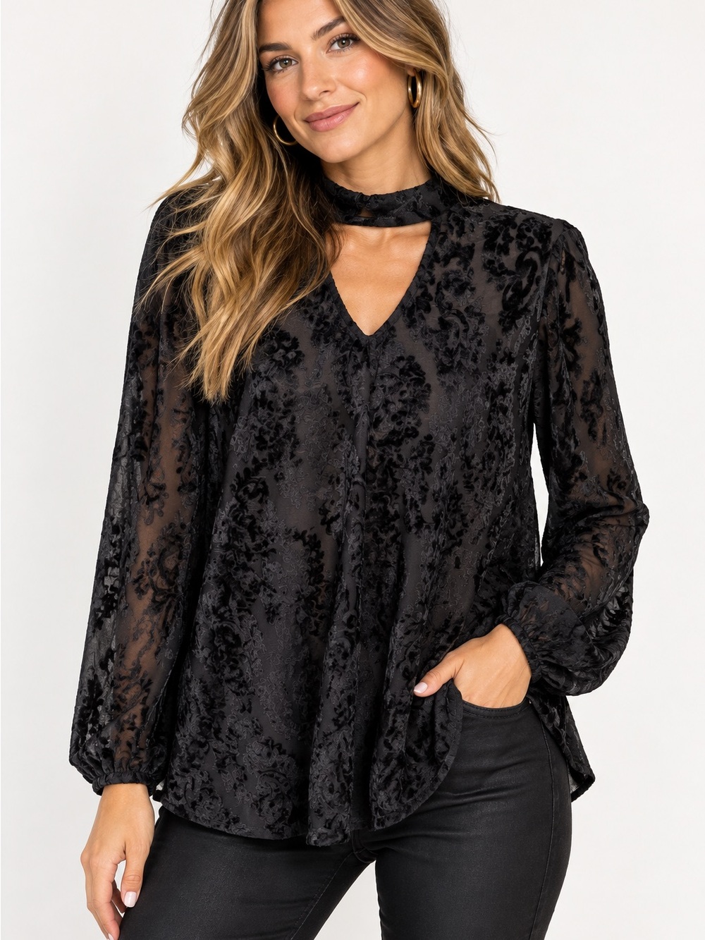 Ivy Jane Black Velvet Burnout V-Neck Blouse